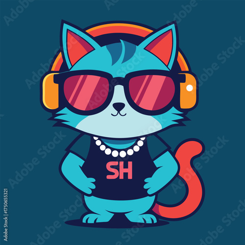Cool cartoon cat wearing sunglasses and headphones dressed in a t shirt with a necklace ready to party and listen to music