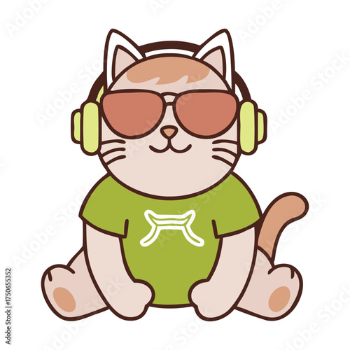 Cute cartoon cat wearing sunglasses and headphones dressed in a green t shirt with a symbol sitting and looking cool and relaxed
