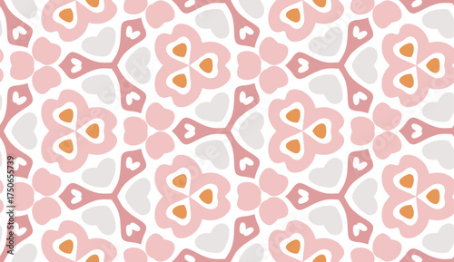 Minimalistic seamless vector pattern with soft pastel colors. Abstract repetitive background with flowers, leaves and hearts ornaments. Simple and elegant design style. Colorful elements.