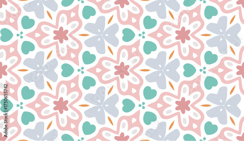 Minimalistic seamless vector pattern with soft pastel colors. Abstract repetitive background with flowers, leaves and hearts ornaments. Simple and elegant design style. Colorful elements.