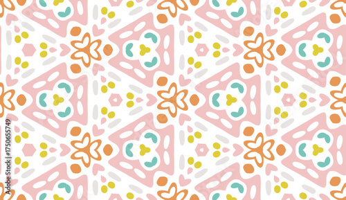 Minimalistic seamless vector pattern with soft pastel colors. Abstract repetitive background with flowers, leaves and hearts ornaments. Simple and elegant design style. Colorful elements.