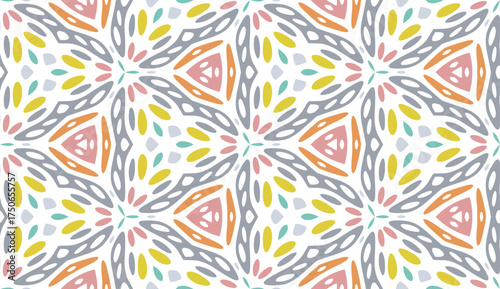 Minimalistic seamless vector pattern with soft pastel colors. Abstract repetitive background with flowers, leaves and hearts ornaments. Simple and elegant design style. Colorful elements.