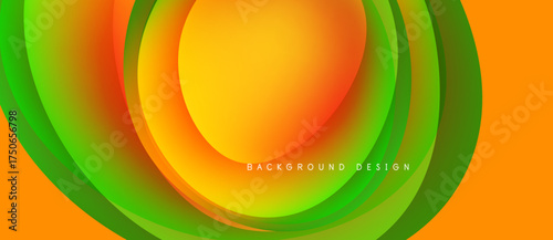 Abstract vibrant layers create flowing orange, green gradients. Circular shapes overlap, forming dynamic visual texture. Modern design element.