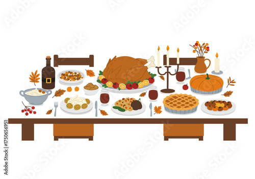 Illustration of a long dining table filled with Thanksgiving dishes, including a whole turkey, pie, and candles on a wooden table. 