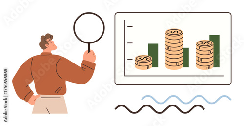 Person holding magnifying glass examining chart with coin stacks and growth bars. Ideal for finance, data analysis, business strategy, investment, economic growth, market trends, simple flat metaphor
