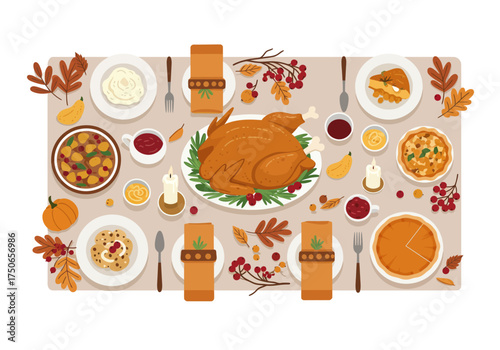 Top-view illustration of a Thanksgiving celebration dining table laden with turkey, pumpkin pie, mashed potatoes, and autumn decorations. 