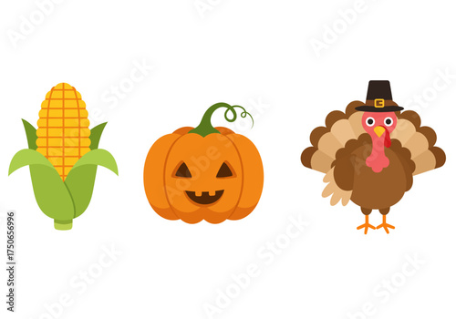 Illustration of three main Thanksgiving symbols: Corn on the cob, a funny carved orange pumpkin, and a turkey wearing a Pilgrim hat
