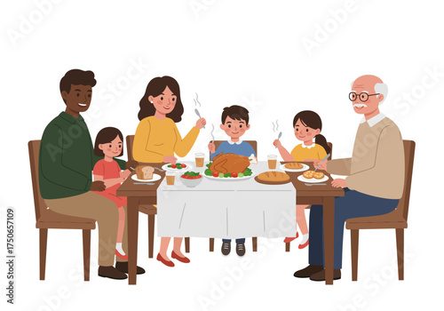 Illustration of an extended family, including a grandfather, enjoying a roasted turkey meal during a Thanksgiving celebration