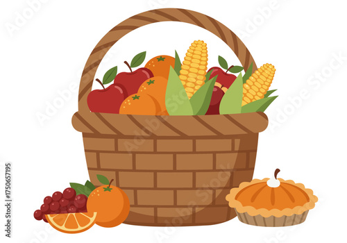 Illustration of a woven basket overflowing with harvest produce: apples, oranges, corn, and grapes, next to a pie and orange slices