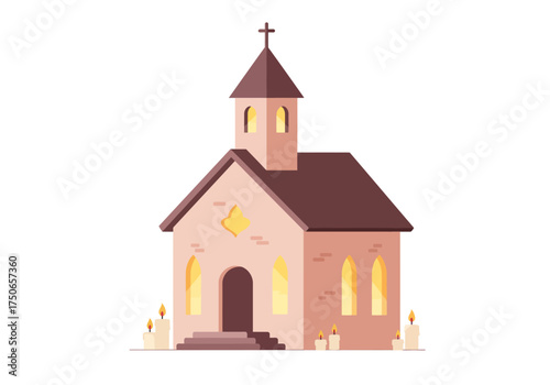 Rural-style old church illustration surrounded by lit candles, celebrating All Saints' Day