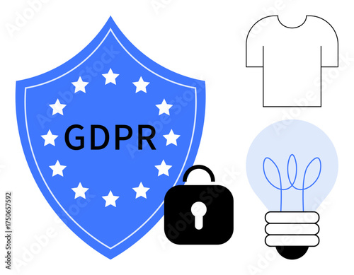 Blue GDPR shield surrounded by stars, padlock, lightbulb, and t-shirt. Ideal for data protection, compliance, cybersecurity, innovation creativity legal tech and privacy. Simple flat metaphor