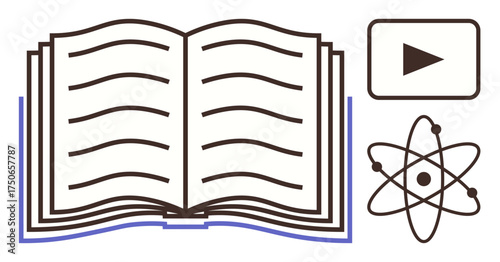 Open book with detailed pages, atom depicting science, and play button for multimedia learning experience. Ideal for education, science, e-learning, STEM concepts, knowledge, research simple flat