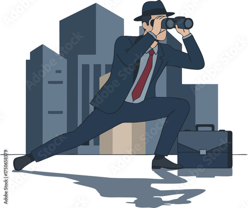 Business Detective with Binoculars and Briefcase Looking at City Skyline Vector Illustration Isolated
