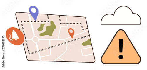 Map with pathways, two location pins, notification bell, alert sign, and cloud. Ideal for location tracking, GPS navigation, notifications, alerts logistics geofencing simple flat metaphor