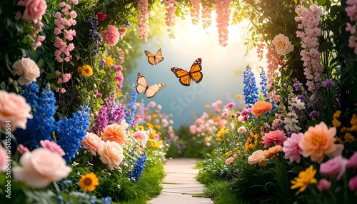 Fototapeta Naklejka Na Ścianę i Meble -  Flower tunnel, sunlight, butterflies