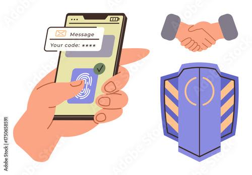 Hand holding smartphone with fingerprint unlock and verification code notification, handshake symbolizing trust, and shield representing security. Ideal for cybersecurity, privacy, trust