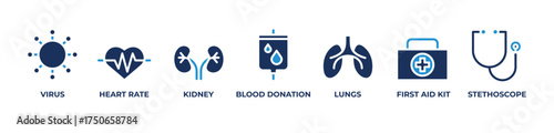 Protecting Life Through Care and Medicine Icons set vector illustration blue with Virus, Heart Rate, Kidney, Blood Donation, Lungs, First Aid Kit, Stethoscope