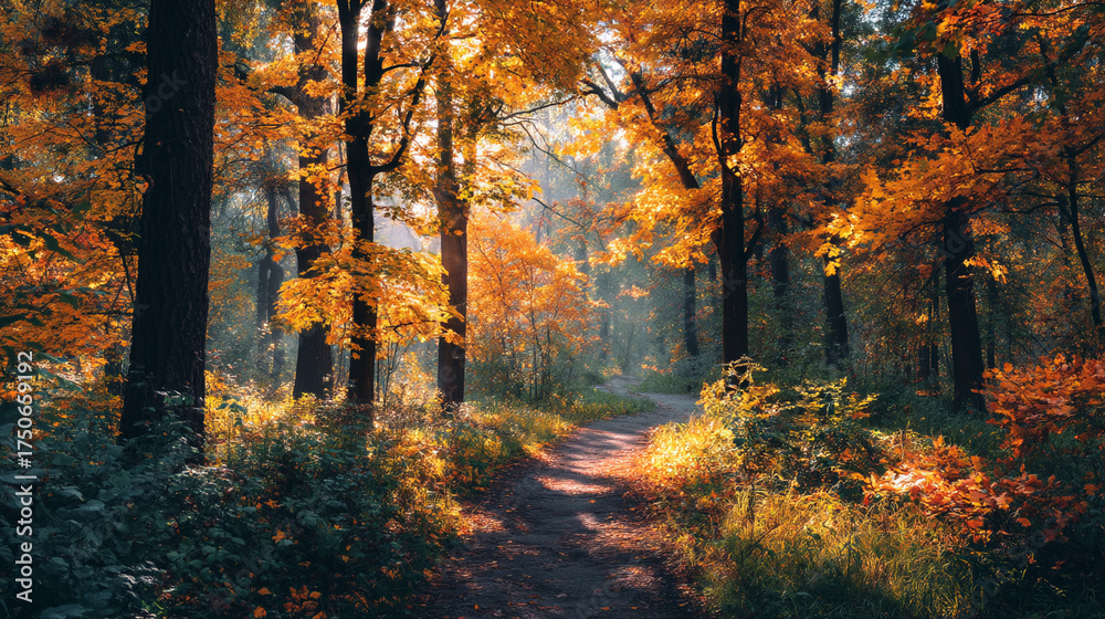 Obraz premium A winding path through a forest with trees displaying vibrant autumn foliage and sunlight streaming through