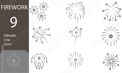 Fireworks Editable Line Icons Set. decorative fireworks icons isolated on transparent background. Vector illustrations