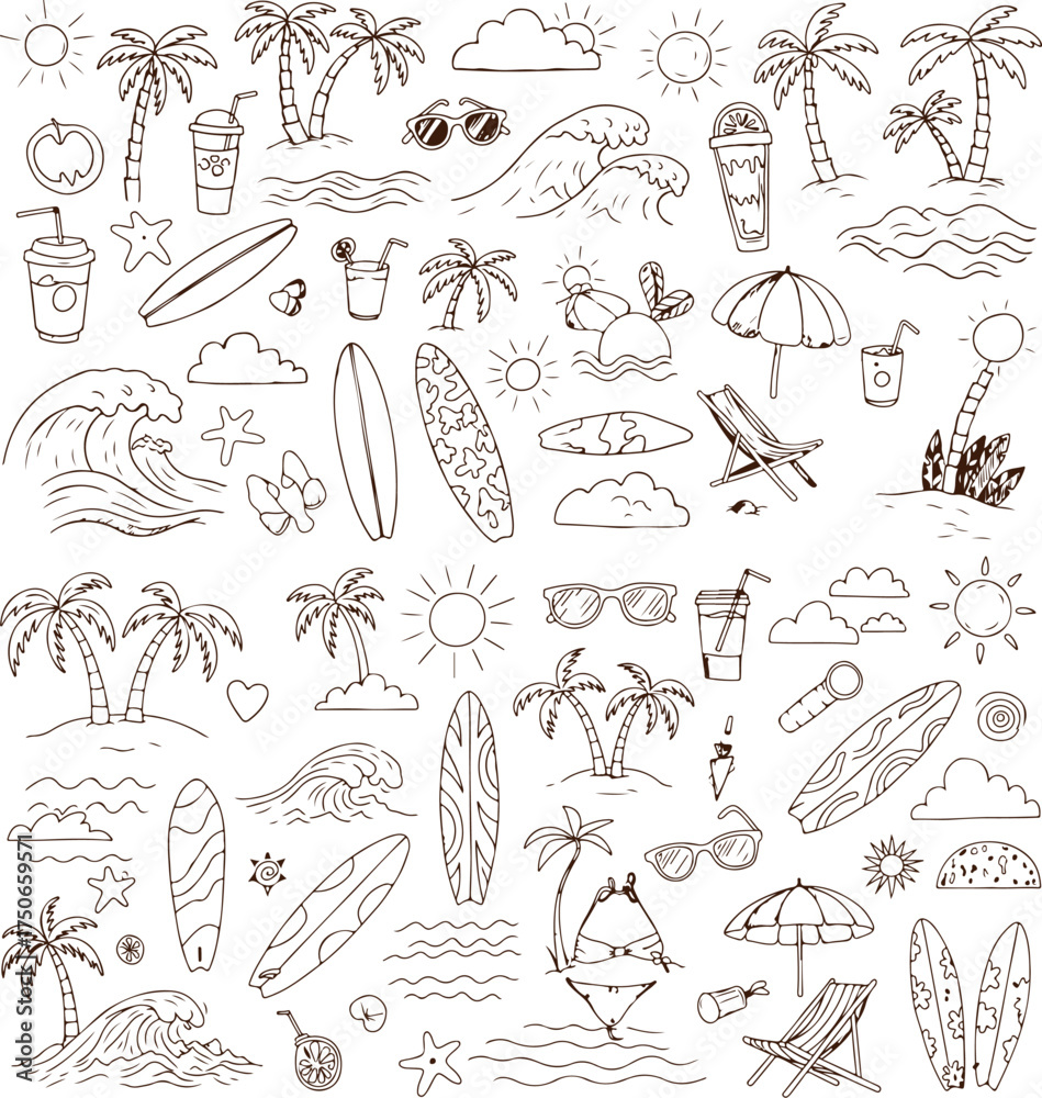Fototapeta premium Collection of hand drawn black and white sketches of tropical beach elements and summer vacation icons
