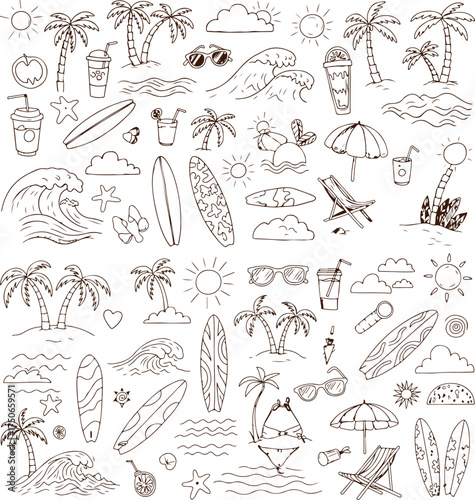 Collection of hand drawn black and white sketches of tropical beach elements and summer vacation icons