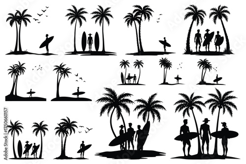 Tropical beach silhouettes palm trees surfers and birds