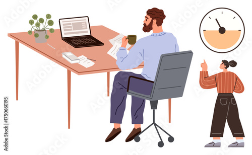 Man seated at desk reviewing papers and sipping coffee, laptop and plant nearby. Woman giving thumbs-up while standing by a clock. Ideal for teamwork, deadline, productivity, time management