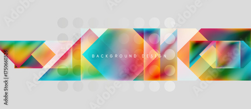 Abstract geometric shapes, vibrant colors, modern design. Background features overlapping triangles, squares, circles. Gradient hues create dynamic visual effect.