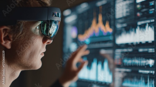 Person uses vr headset analyzing data charts