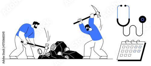 Two workers hammering rocks, a stethoscope symbolizing health, and a calendar illustrating planning. Ideal for productivity, labor, persistence, healthcare, goal management, time efficiency