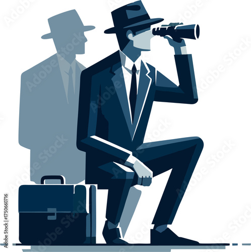 Detective Spy Silhouette with Briefcase and Shadow Looking Through Binoculars Vector Illustration