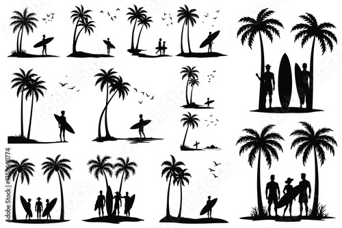 Tropical beach silhouettes with palm trees surfers and birds