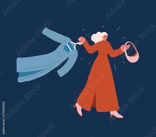 Cartoon vector illustration of a woman in a red dress with a handbag exploring a new look as a metaphor for personal style, renewal, and self-discovery