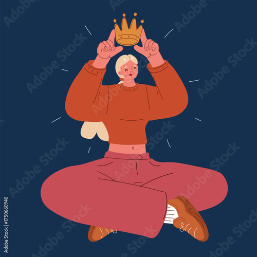 Cartoon vector illustration of a woman placing a crown on her head as a symbol of empowerment, dignity, and embracing her own worth