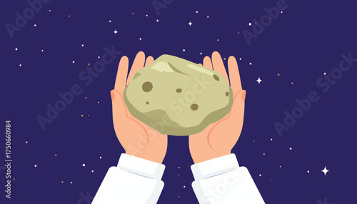Flat Vector Art Depicting Astronaut Grasping Asteroid Stone in Outer Space for Modern Web Design