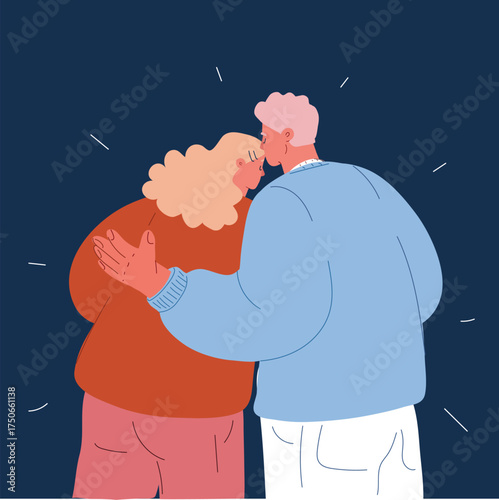 Cartoon vector illustration of a man embracing a woman from behind and kissing the crown of her head, rear view, as a metaphor for tenderness, love, and protection