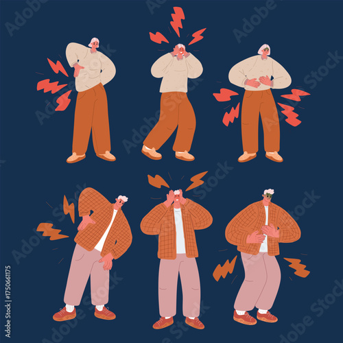 Cartoon vector illustration of a man and woman carrying invisible burdens as a symbol of pain in back, head, and stomach, emotional stress, and shared struggle