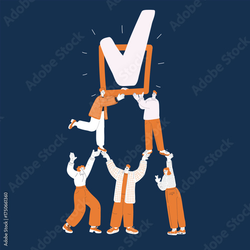 Cartoon vector illustration of people holding a checkbox with a checkmark as a symbol of consensus, success, and teamwork