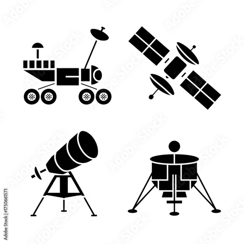 Vector illustration showcasing space exploration icons including a lunar rover satellite telescope and lander perfect for science education and astronomy themed designs