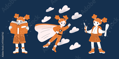 Cartoon vector illustration of a little schoolgirl reading a book, soaring through the sky in a superhero costume, and holding a paintbrush with paper as a metaphor for curiosity, exploration, and art