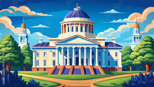 Very beautiful Virginia State Capitol building in Richmond, vector-style neoclassical architecture with surrounding trees and blue sky