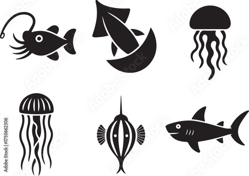 Ocean creatures collection iconic silhouette icons