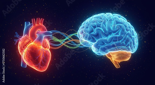 Heart and brain illustration interconnected with energy waves on dark background