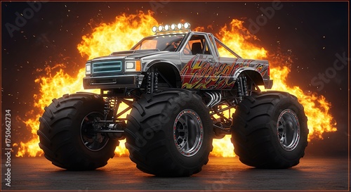 Monster truck on fire powerful vehicle with big wheels and flames in background for promotional imagery