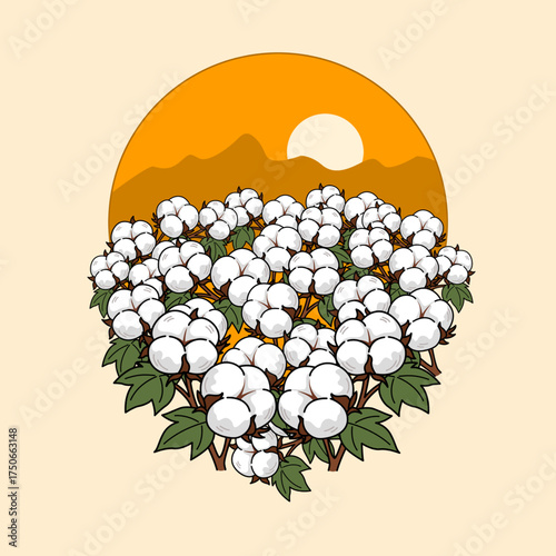 A cotton field ready for harvest against a sunset isolated on a white background. Perfect for celebrating World Cotton Day on October 7th.