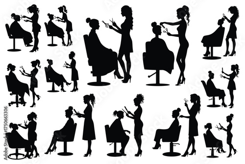 Silhouettes of women getting haircuts in salon chairs