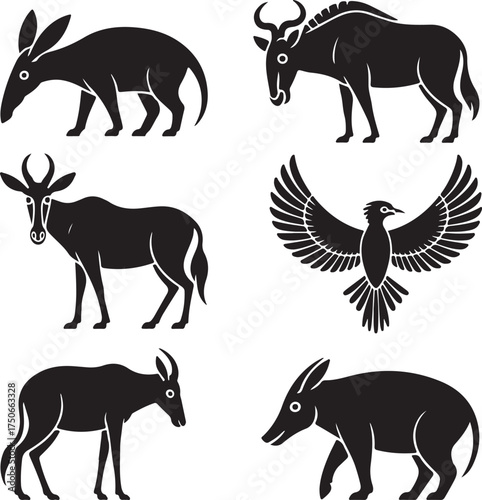 African wildlife silhouettes striking poses for design