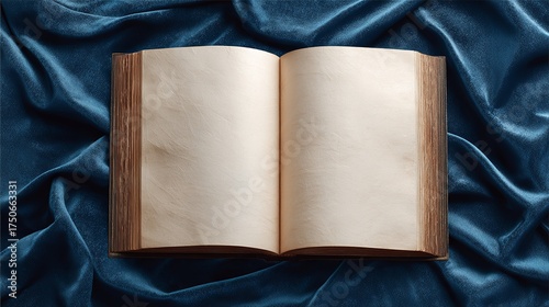 Elegant open ancient book with aged blank pages resting on luxurious deep blue velvet fabric
