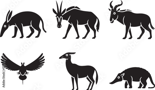 African wildlife silhouettes, diverse safari animals collection