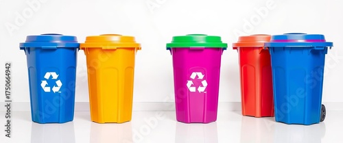 Wallpaper Mural Four brightly colored recycling bins on a clean white background,  photography,  red Torontodigital.ca